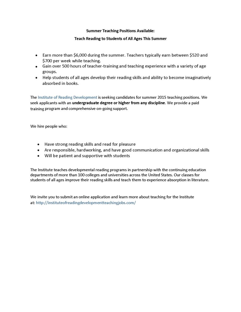 Summer Teaching Positions Available